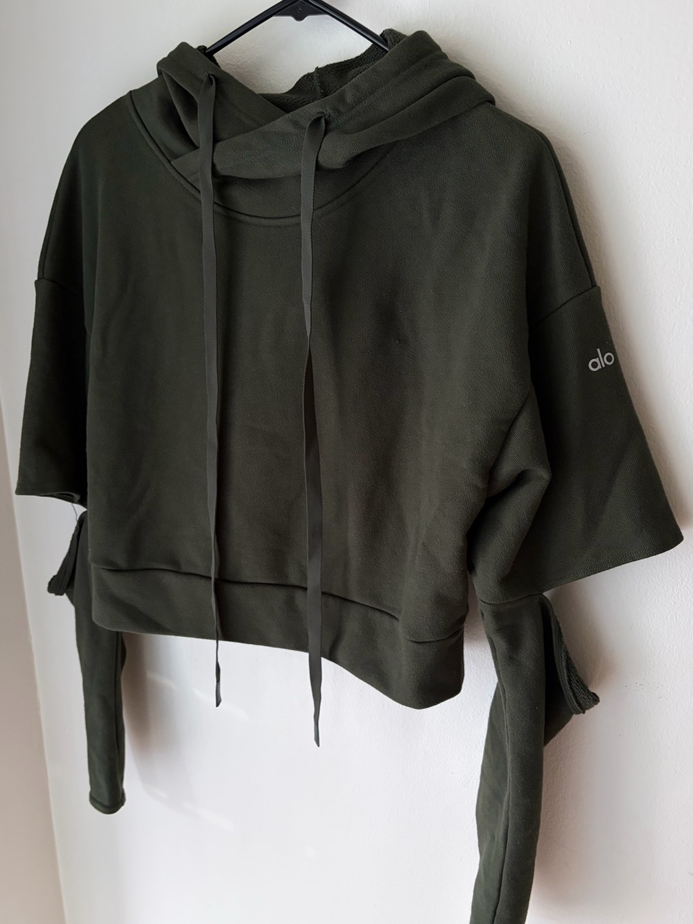 65. Size XS ALO Dark Olive Green Oversized Hoodie W/ Sleeve Cut-Outs